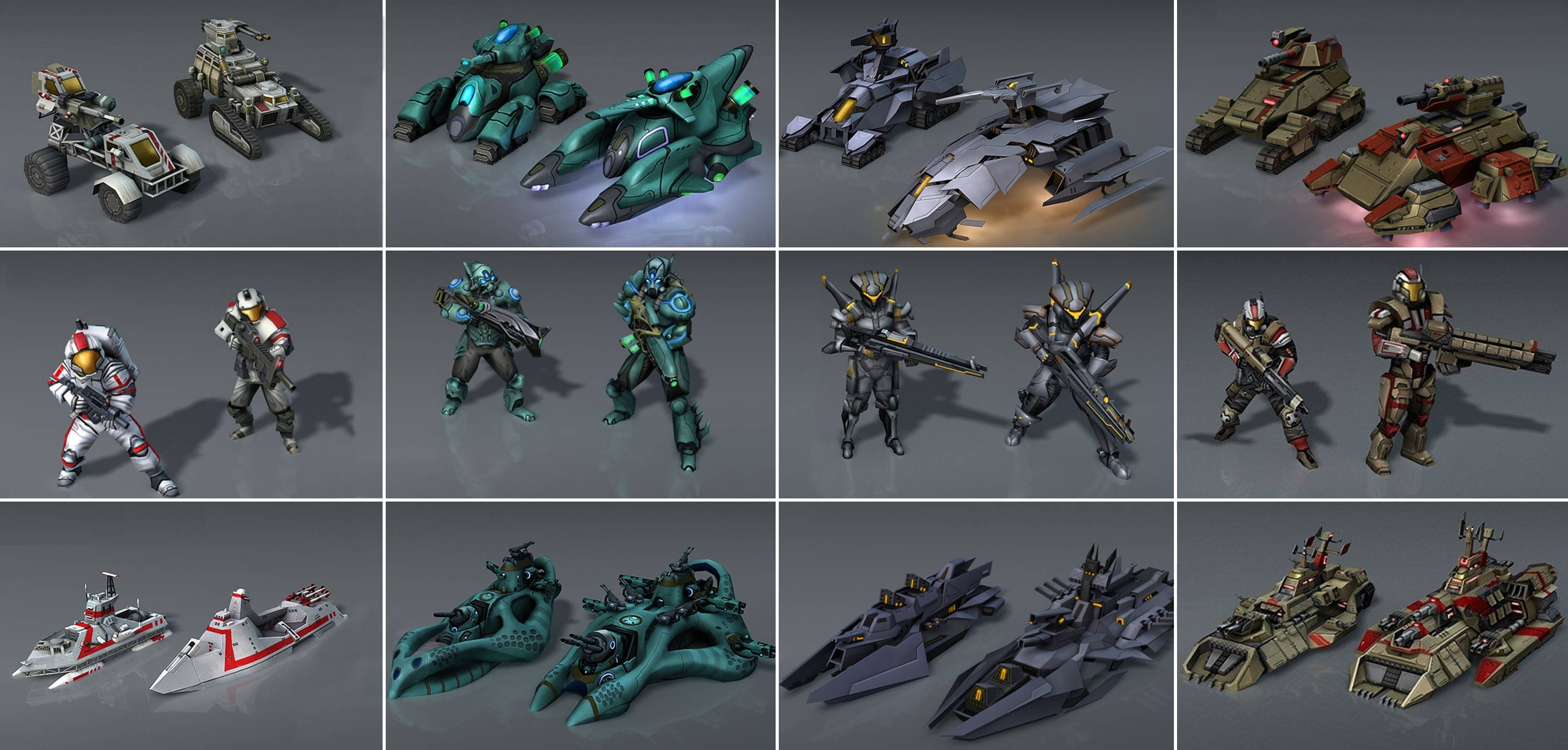 Civilization Beyond Earth 桌布 壁紙 — 未來科幻車輛和金屬裝甲士兵以網格排列，採用金屬青灰和紅色，背景為中性攝影棚。
