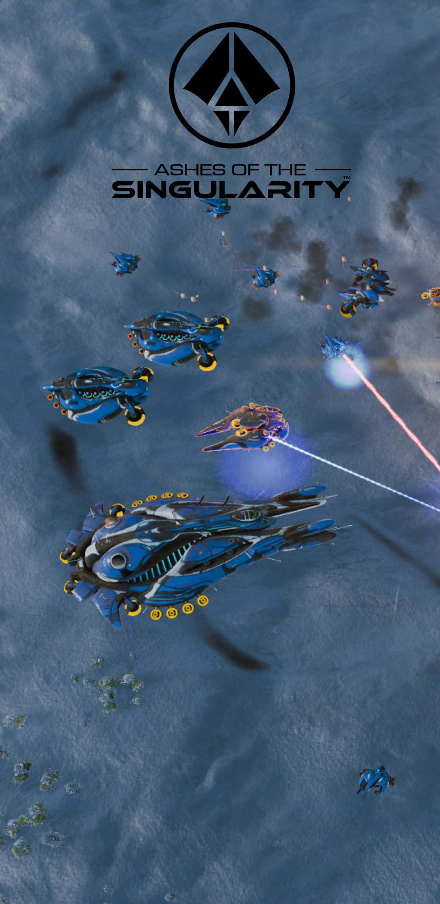 Pixel 3xl Ashes Of The Singularity 桌布 壁紙 — 未來藍色戰艦在風暴行星表面上的混亂太空戰中發射雷射。