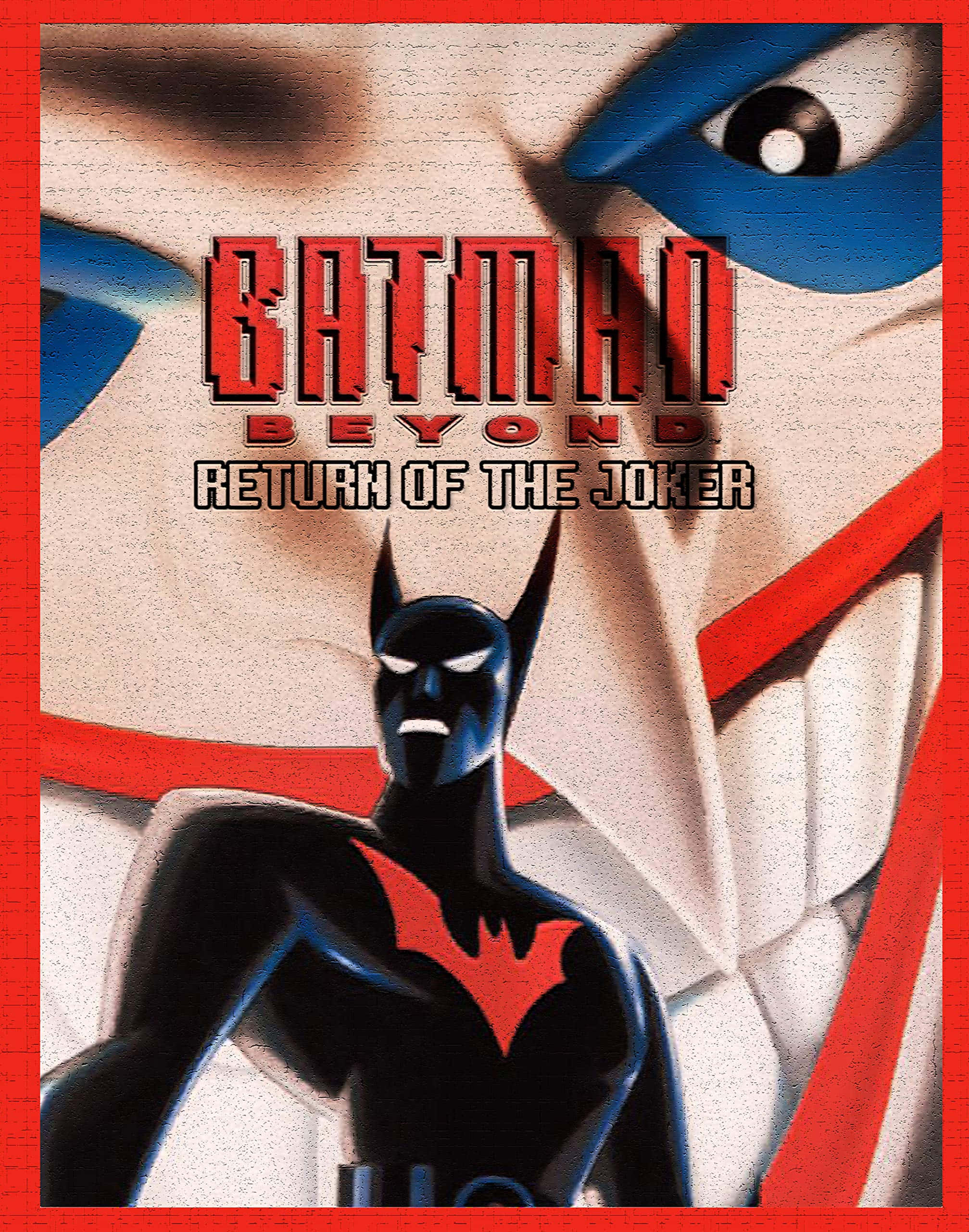Batman Beyond Return Of The Joker 桌布 壁紙 — 未來蝙蝠俠在一個大膽的漫畫海報中，挑釁地站在迫近的小丑臉孔前。