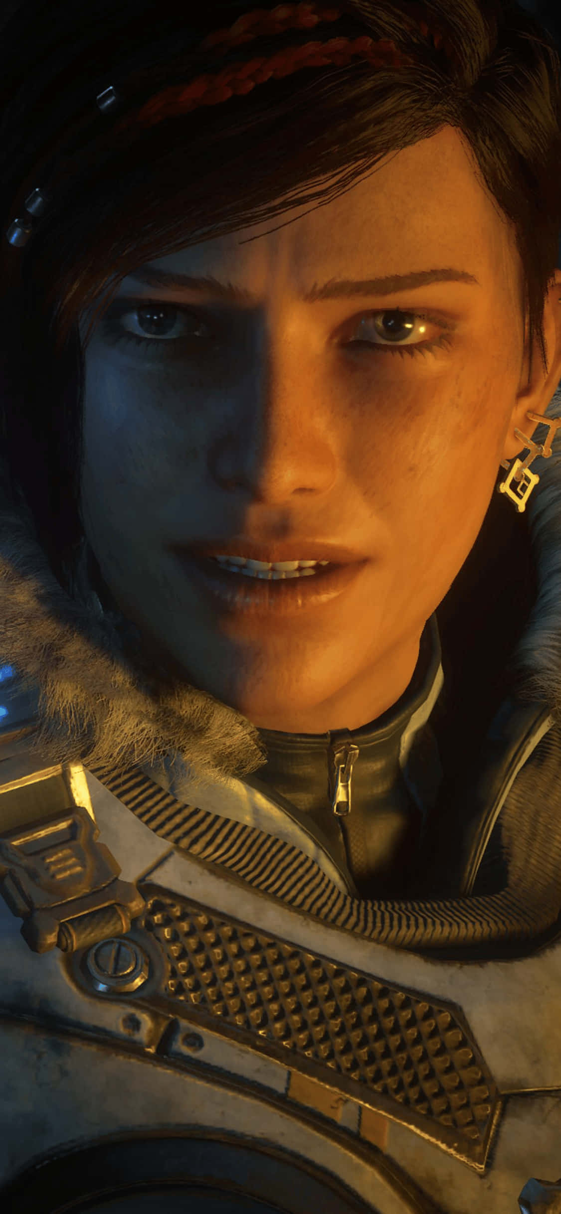 iPhone X Gears Of War 5 桌布 壁紙 — 未來裝甲中堅定女性戰士的特寫，溫暖燈光突顯她強烈的目光。