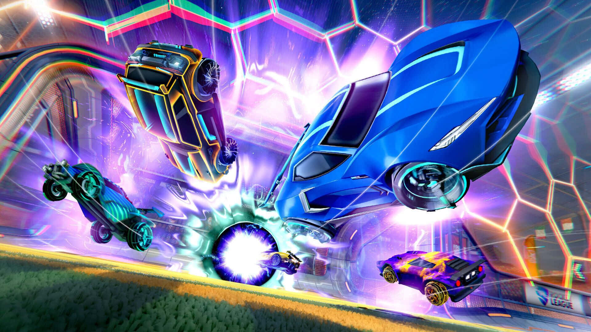 rocket league 1920x1080 桌布 壁紙 — 未來賽車在霓虹混亂中爆炸，在半空中碰撞，在發光的賽道上，在充滿活力的宇宙天空下。