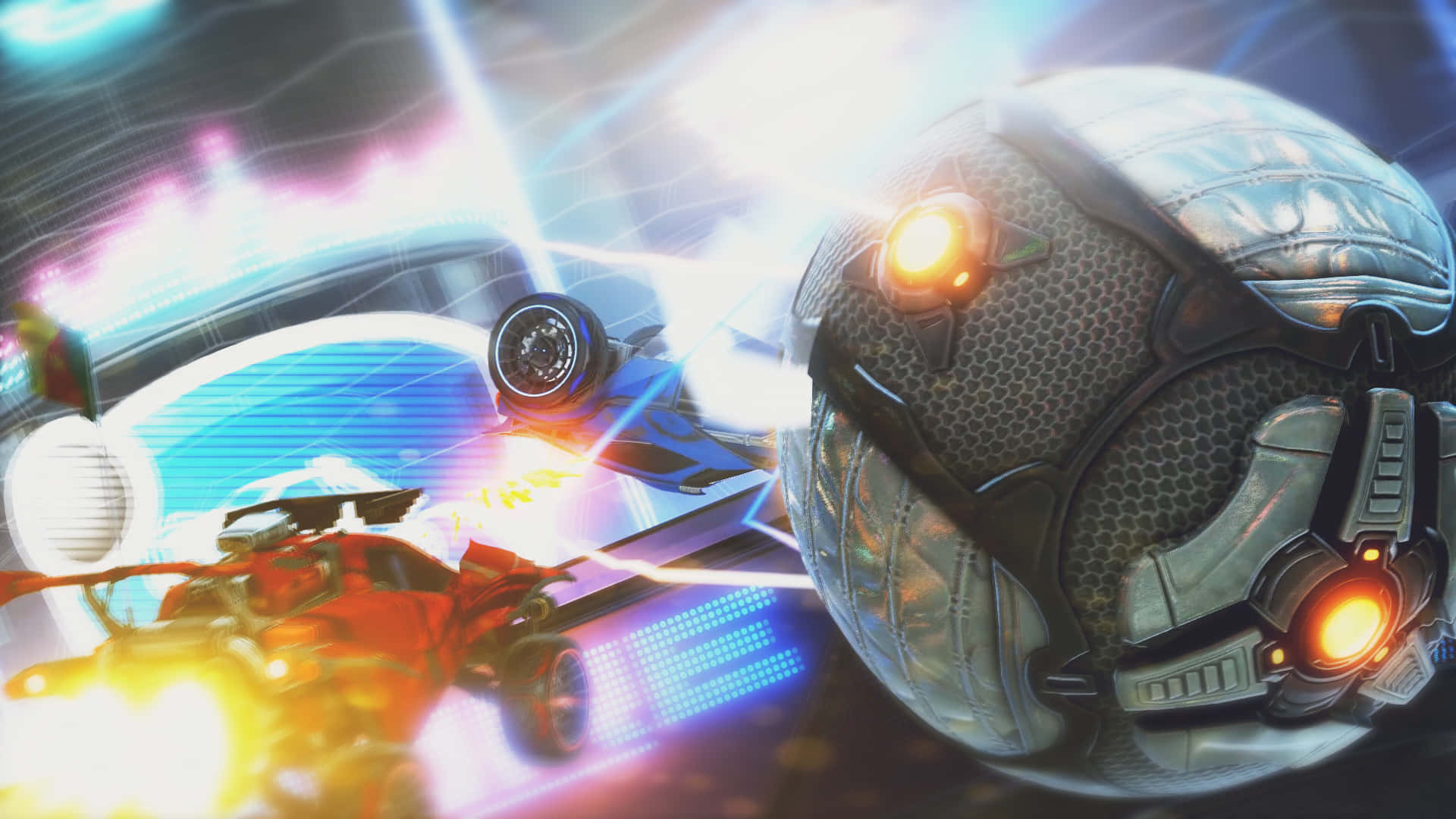 Rocket League Art 桌布 壁紙 — 未來賽車在霓虹燈照亮的競技場中碰撞，帶有發光的能量軌跡和金屬質感。