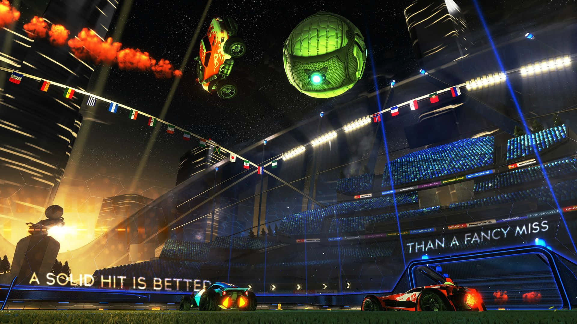 1920x1080 Rocket League 桌布 壁紙 — 未來賽車在霓虹燈照亮的體育館中翱翔，追逐著星空下發光的足球。