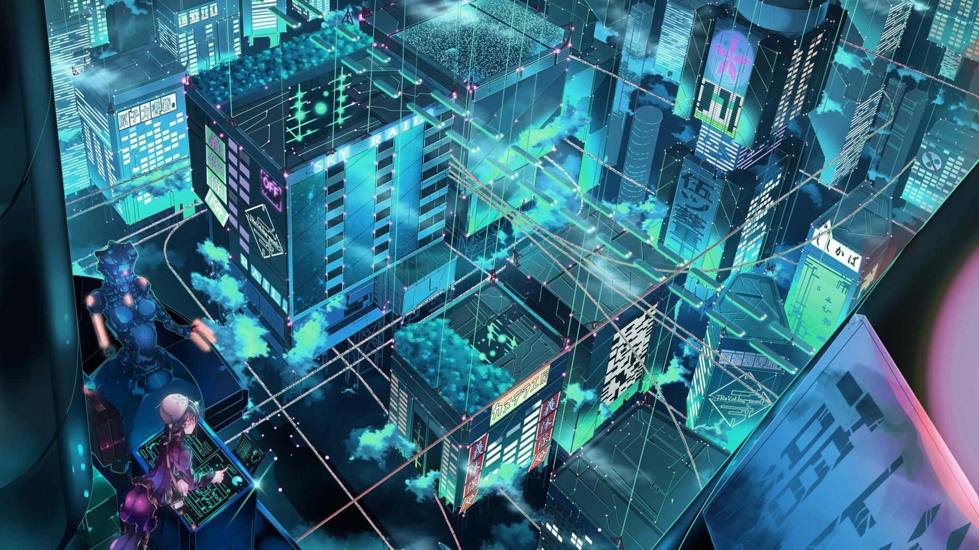 動畫 桌布 壁紙 — 未來風格的動漫城市夜景，帶有發光的霓虹燈塔和浮動的數位介面。