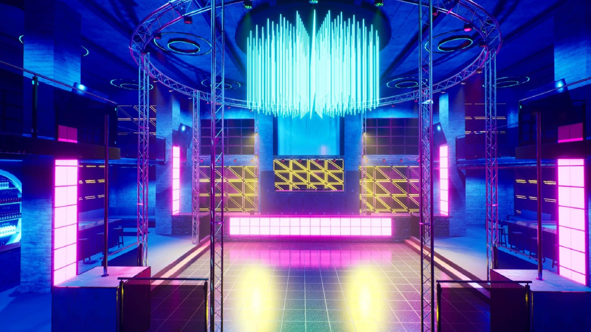 Nightclub 桌布 壁紙 — 未來風格的夜總會，帶有發光的霓虹燈和一個沐浴在電光藍和粉紅色調中的中央舞台。
