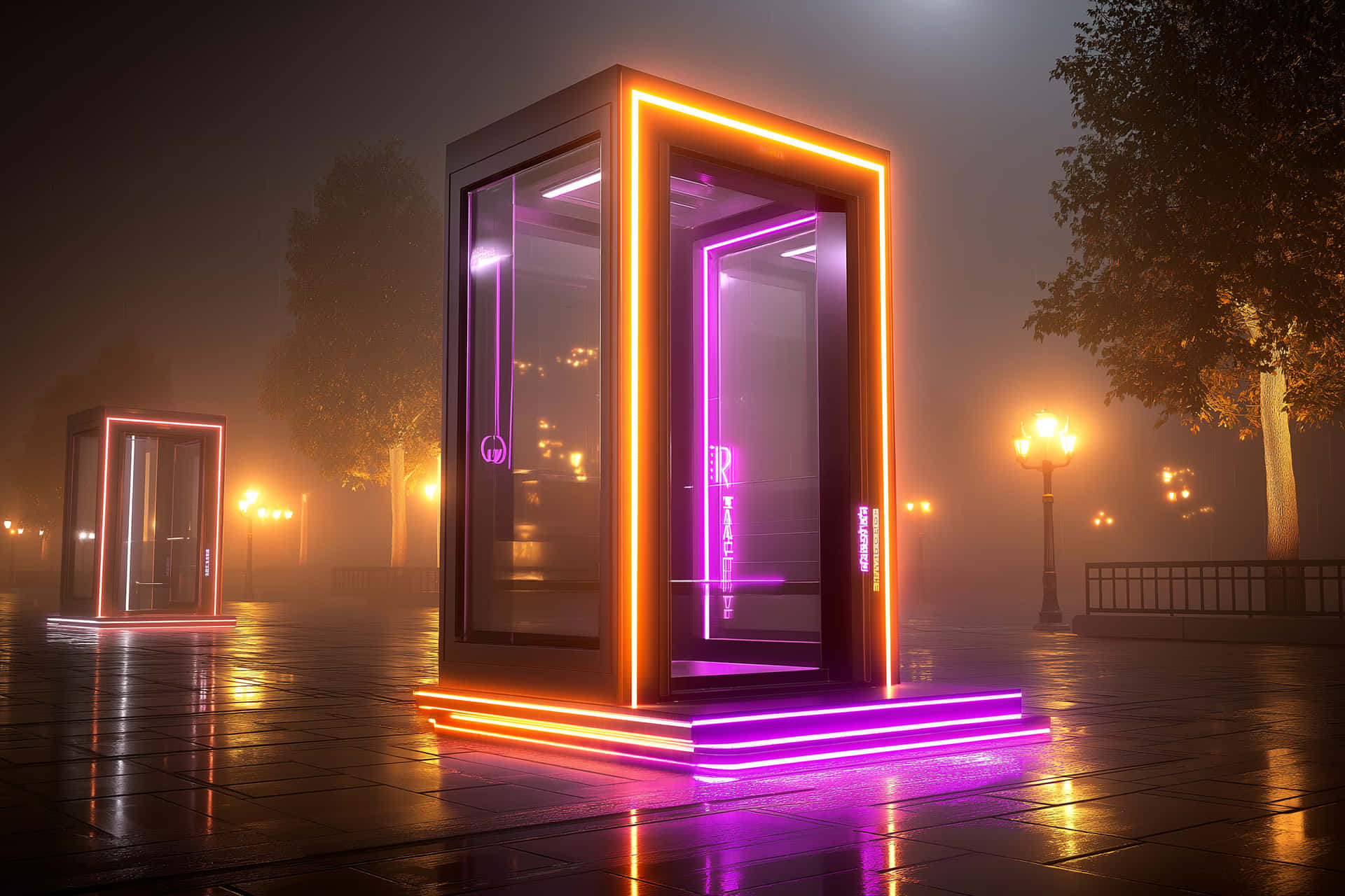 Sleek Glass Telephone Booth with Vibrant Neon Illumination 壁紙 — 未來風格的玻璃電話亭在夜間霧氣濕潤的城市廣場上散發著霓虹橙色和紫色的光芒。