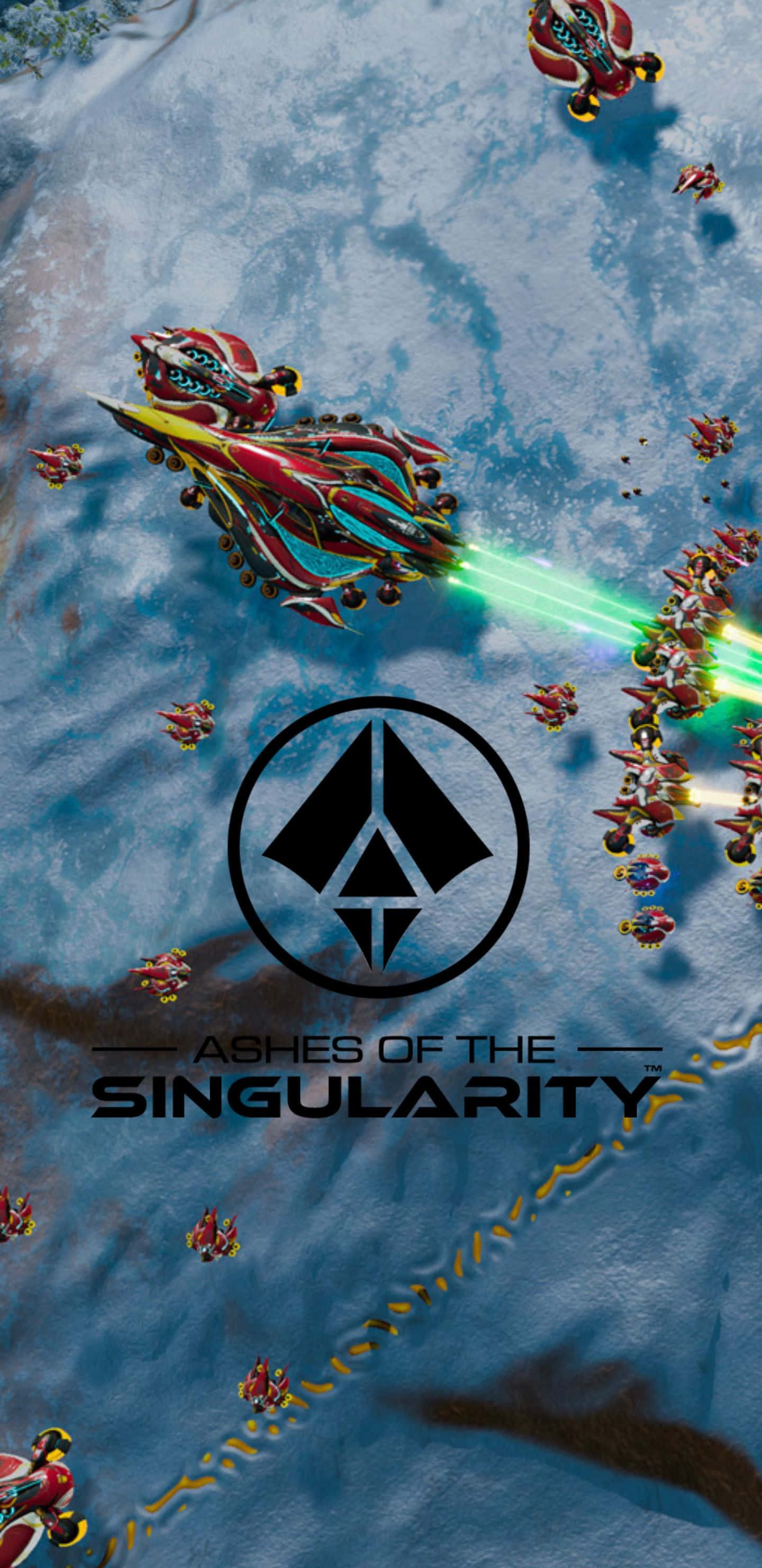 Pixel 3xl Ashes Of The Singularity 桌布 壁紙 — 未來風格的紅色和金色戰艦在冰藍色外星行星表面發射綠色雷射。