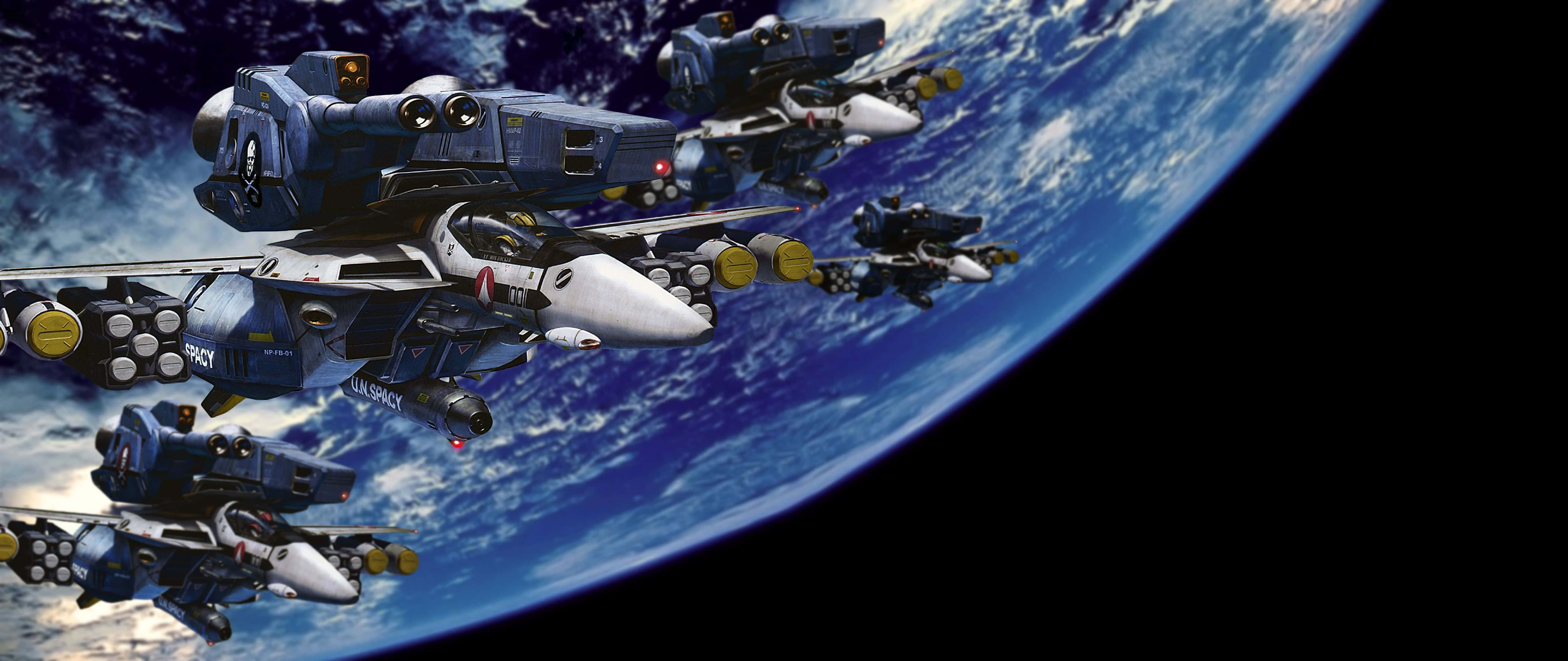 robotech 桌布 壁紙 — 未來風格的藍白戰鬥機在太空黑色虛空背景下，以編隊姿態翱翔於地球彎曲的藍白表面之上。