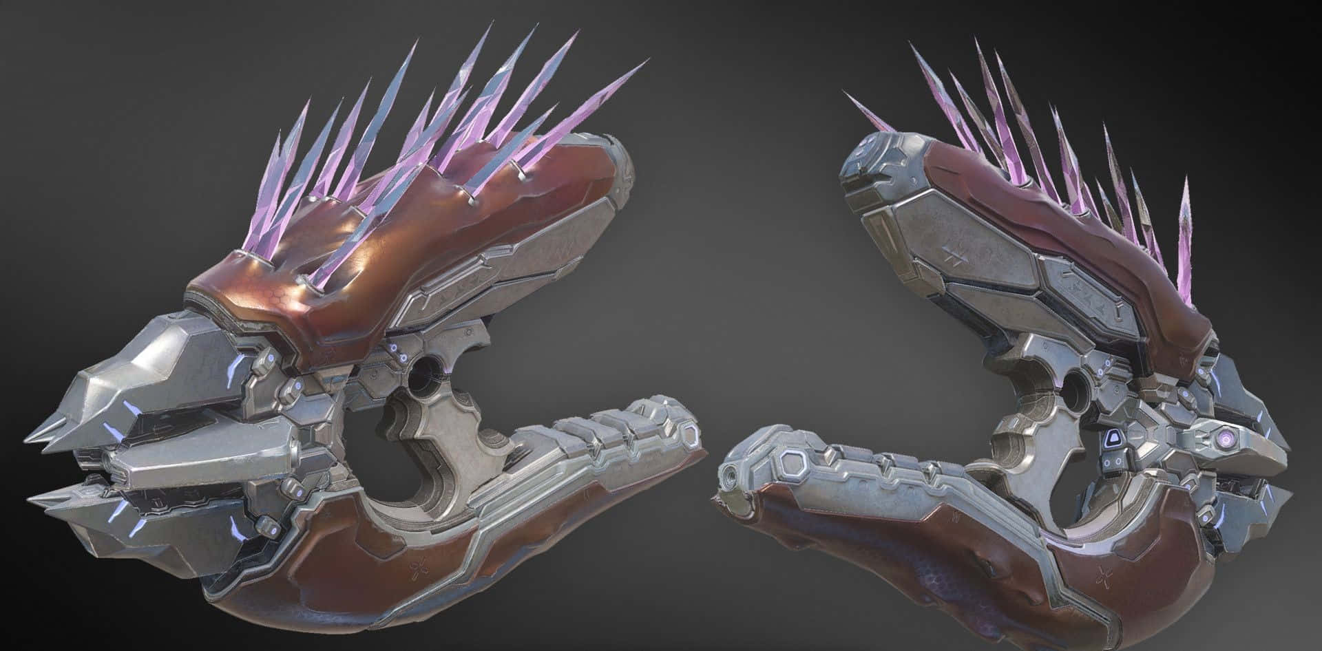 Halo Needler 桌布 壁紙 — 未來風格的裝甲護手，帶有發光紫色尖刺和金屬銀色點綴，展示在深灰色背景上。