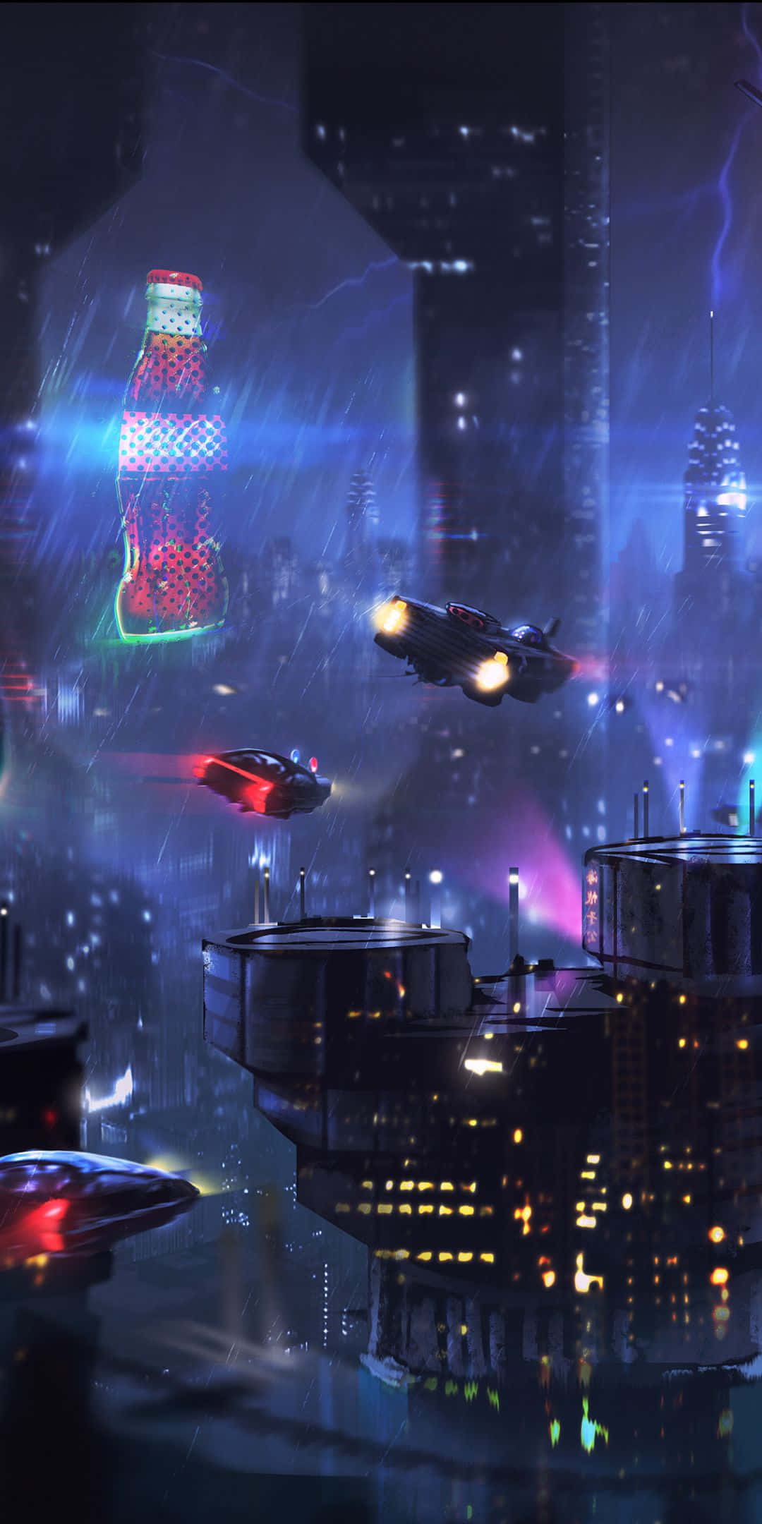 Dark Cyberpunk 桌布 壁紙 — 未來飛行汽車在暴風雨的天空下，穿過霓虹燈閃爍的雨夜賽博朋克城市景觀飛馳。