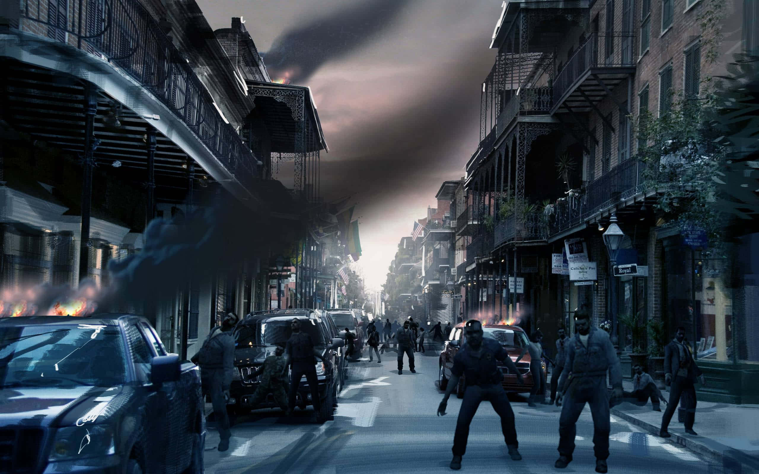 zombies 桌布 壁紙 — 末日城市街道，武裝人物在煙霧彌漫的建築物中前進，天空陰暗不祥。