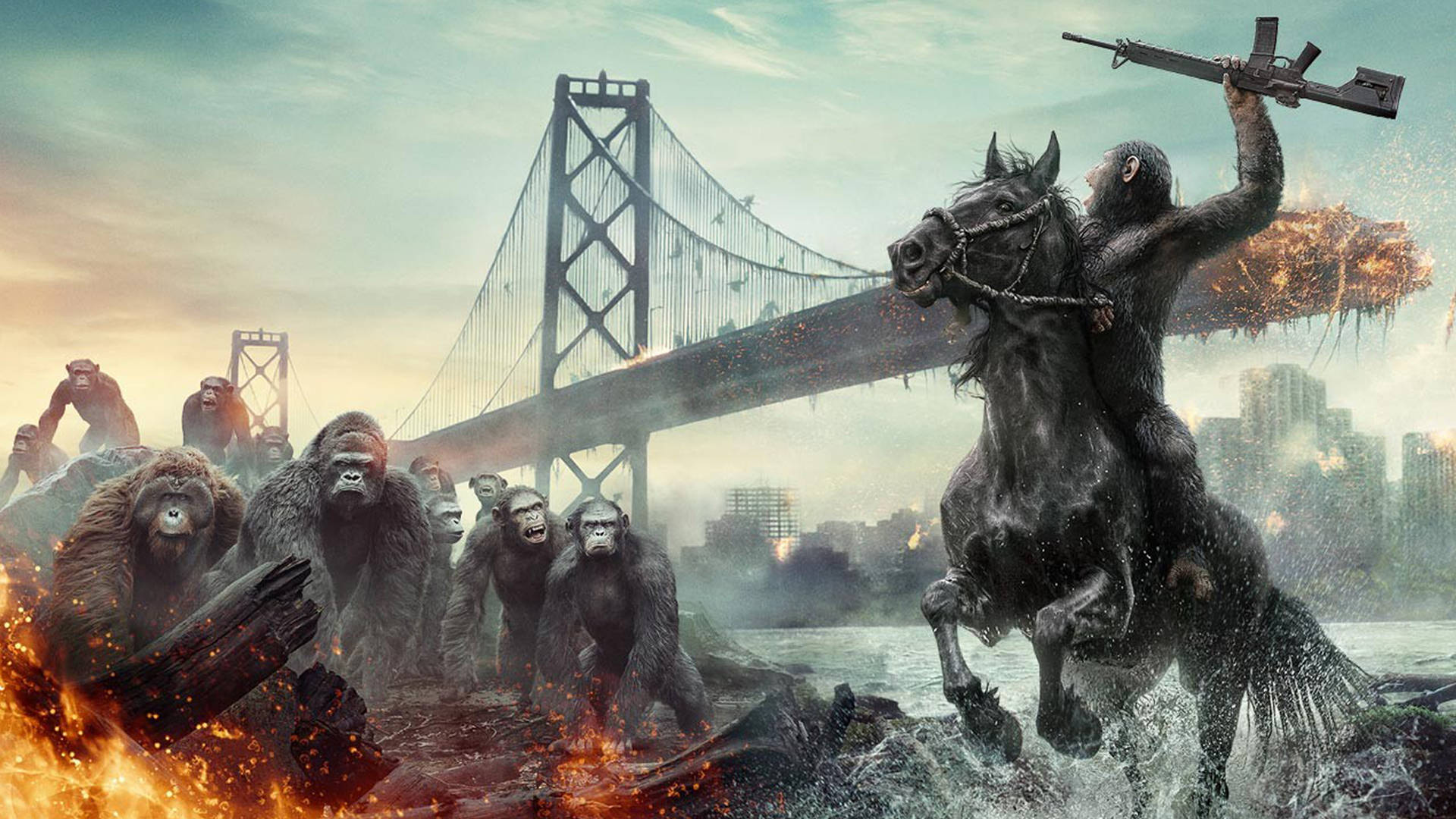 planet of the apes 桌布 壁紙 — 末日場景，猿類衝過水面，其中一隻騎著馬，在燃燒的橋樑附近揮舞步槍。