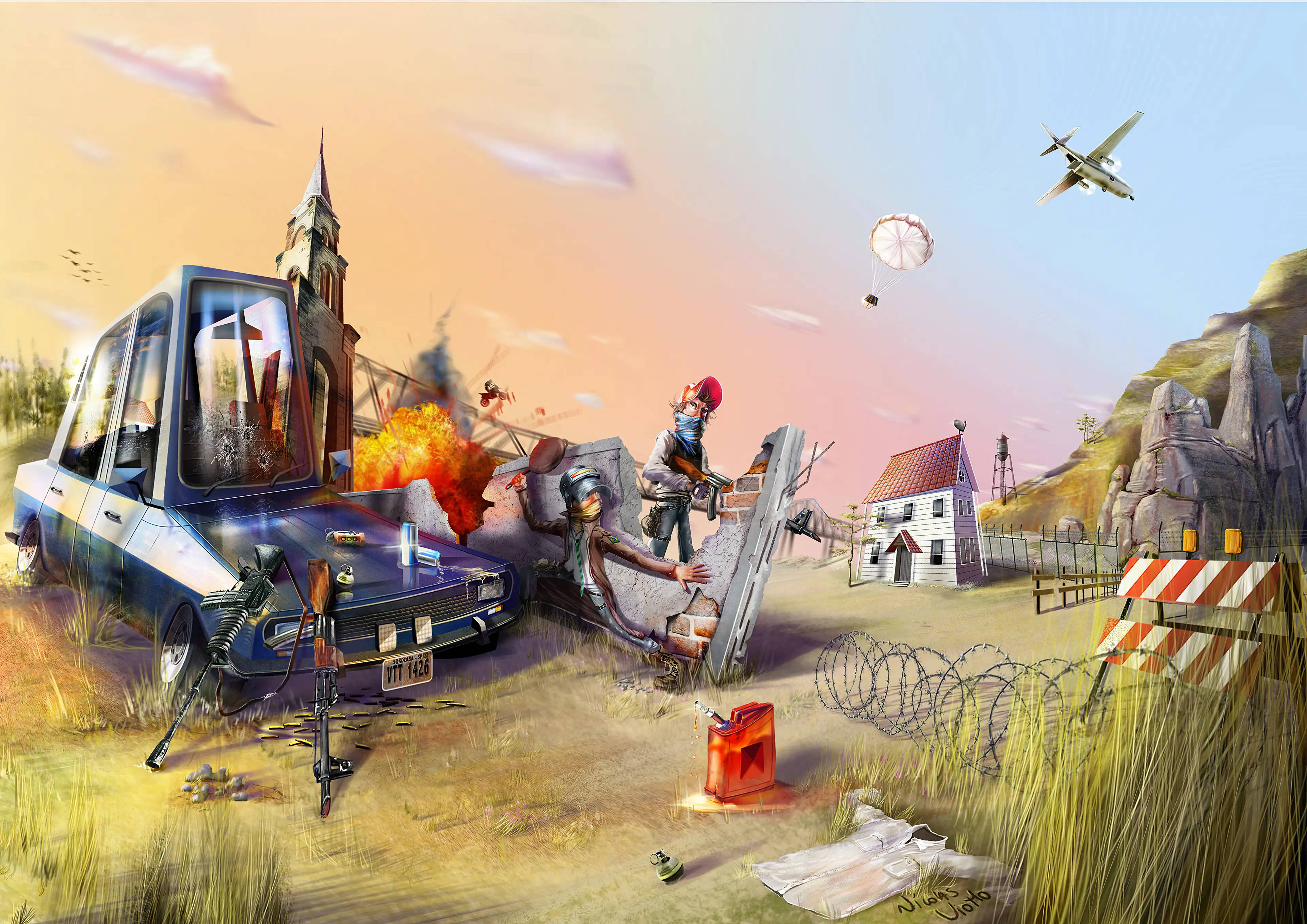 PC 遊戲 桌布 壁紙 — 末日後場景，武裝倖存者靠近燃燒的汽車和教堂尖塔，背景是粉紅色的日落天空。