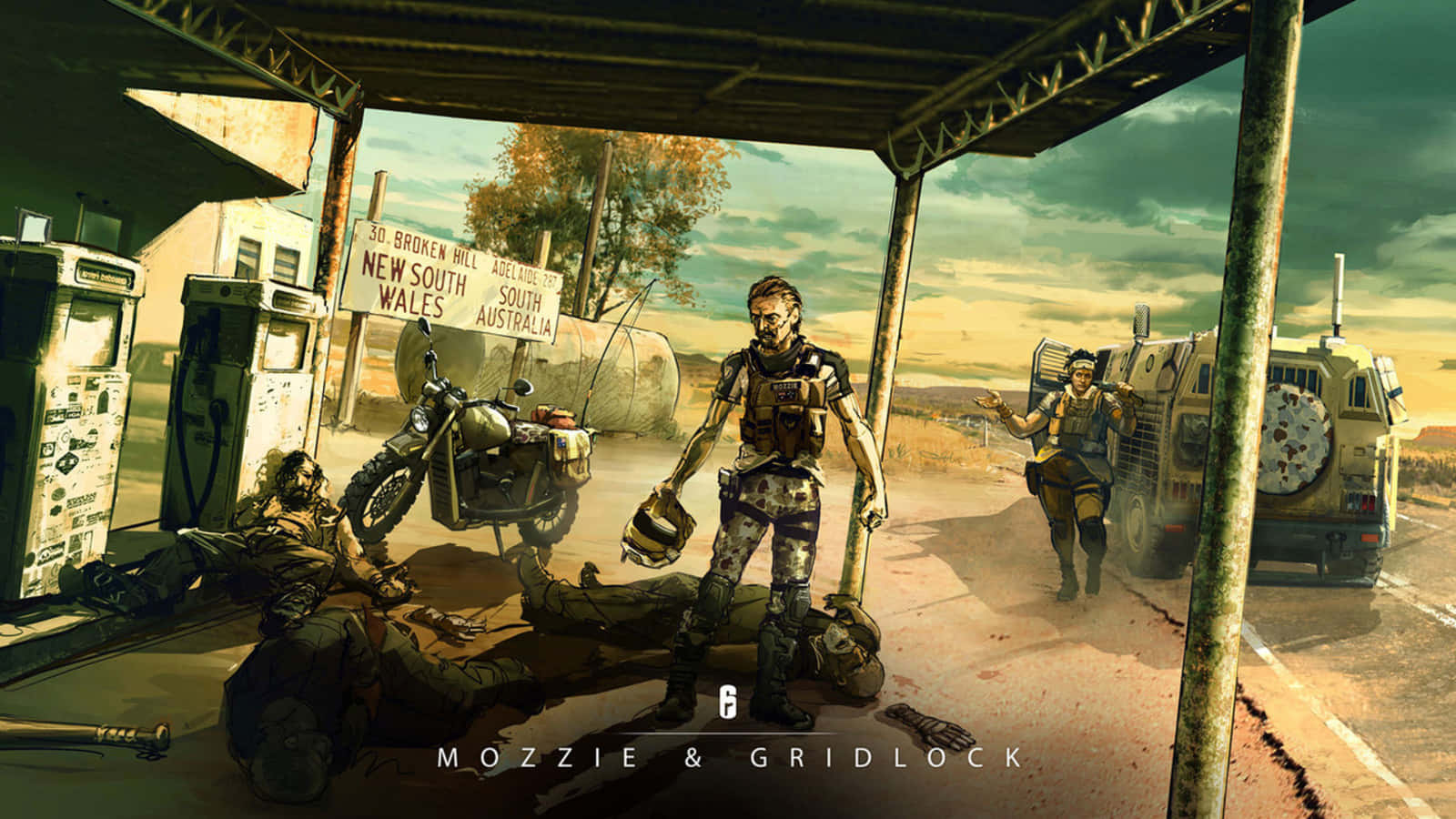 Rainbow Six Siege Mozzie 桌布 壁紙 — 末日後的倖存者在風暴天空下的塵土飛揚路邊加油站休息，附近有摩托車和裝甲車。