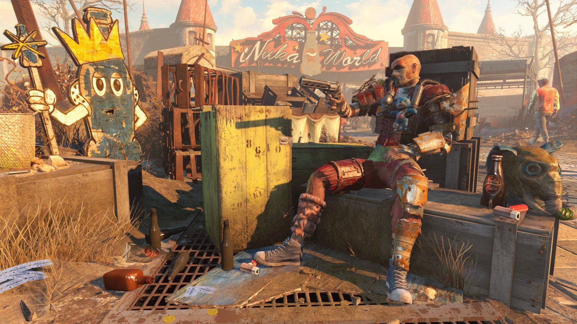 Fallout 4 桌布 壁紙 — 末日後的荒原場景，一個全副武裝的角色坐在廢墟和一個破舊的Nuka World標誌之間。