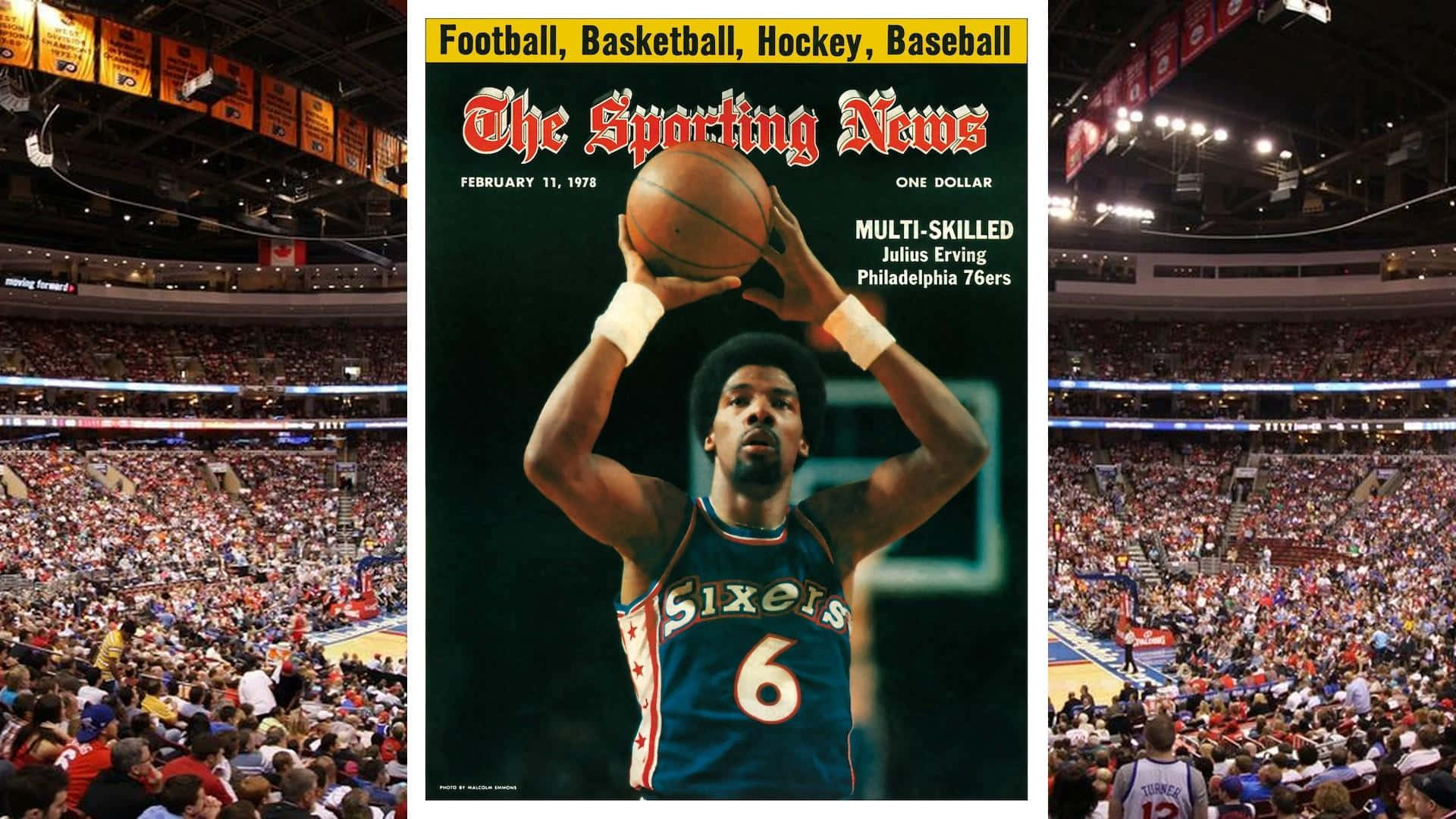 籃球 桌布 壁紙 — 朱利葉斯·歐文身穿費城76人球衣，在1978年2月11日《The Sporting News》封面準備投籃，背景是擠滿觀眾的體育館。