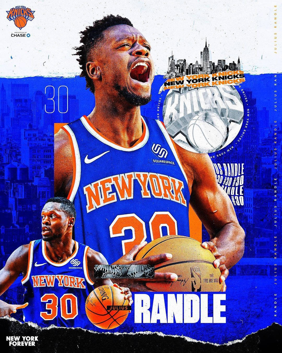 NBA 桌布 壁紙 — 朱利葉斯·蘭德爾身穿紐約尼克隊球衣，在藍色城市景觀背景下拿著籃球咆哮。