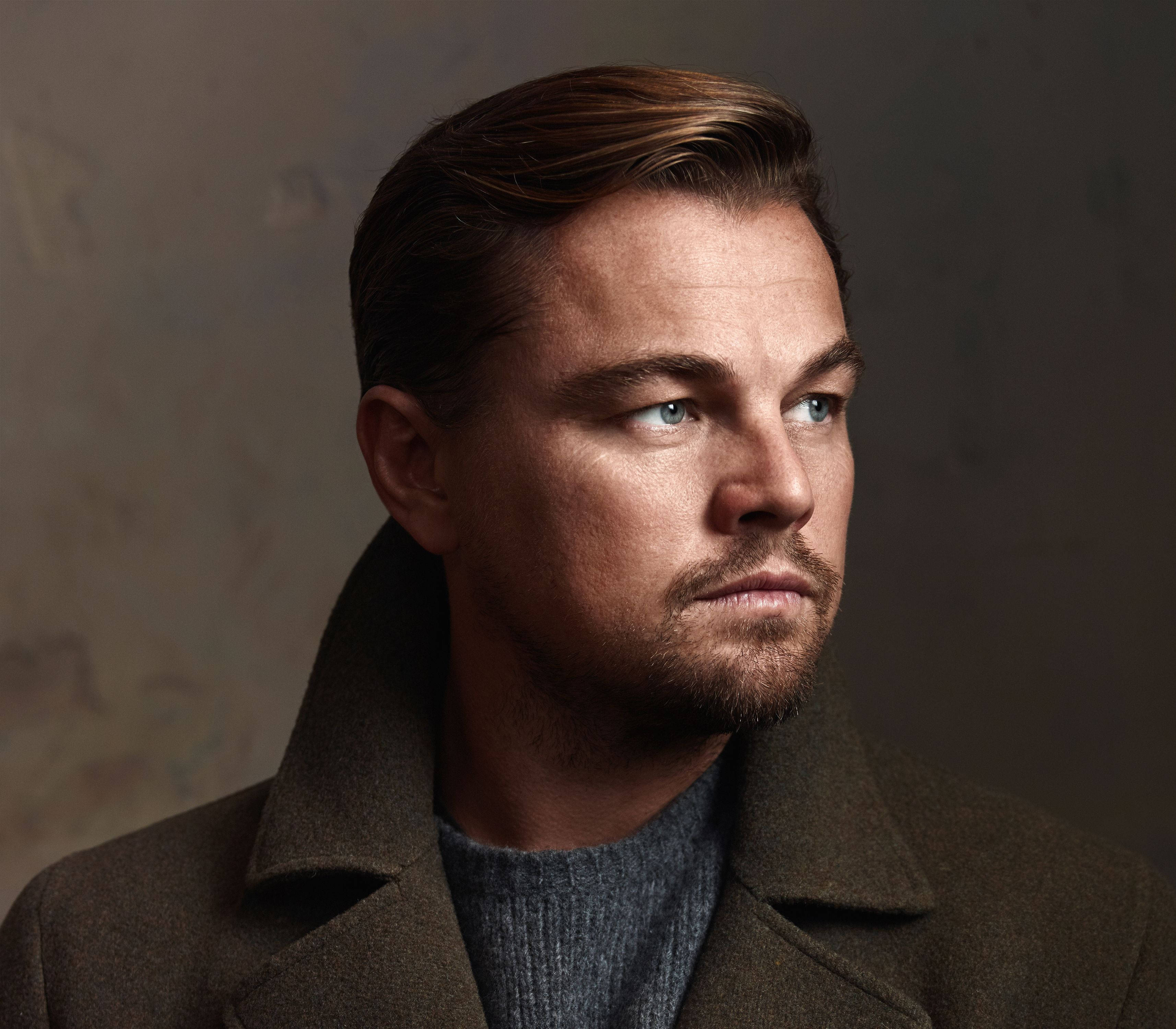 Dicaprio 桌布 壁紙 — 李奧納多·狄卡皮歐的 close-up 肖像，強烈的藍色眼睛若有所思地側視，背景為柔和紋理。