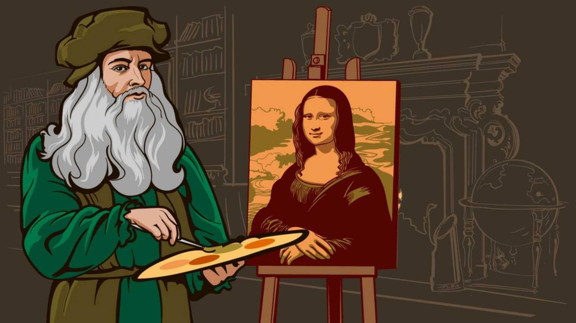 Leonardo Da Vinci 桌布 壁紙 — 李奧納多·達文西在一個充滿書籍和科學儀器的學術工作室中繪製蒙娜麗莎。