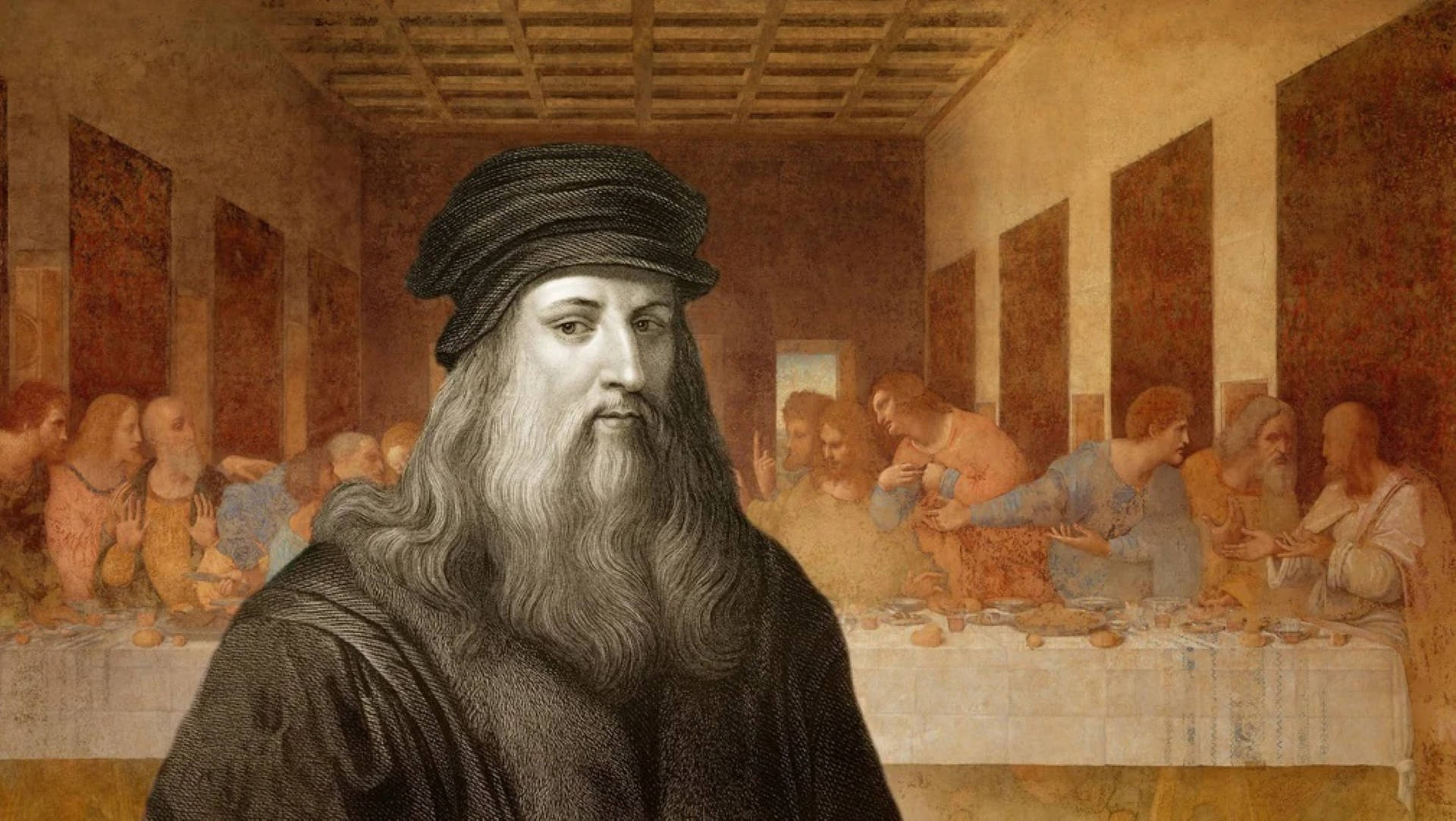 Leonardo Da Vinci 桌布 壁紙 — 李奧納多·達文西疊加在他的《最後的晚餐》壁畫上，帶有戲劇性的明暗對比照明。