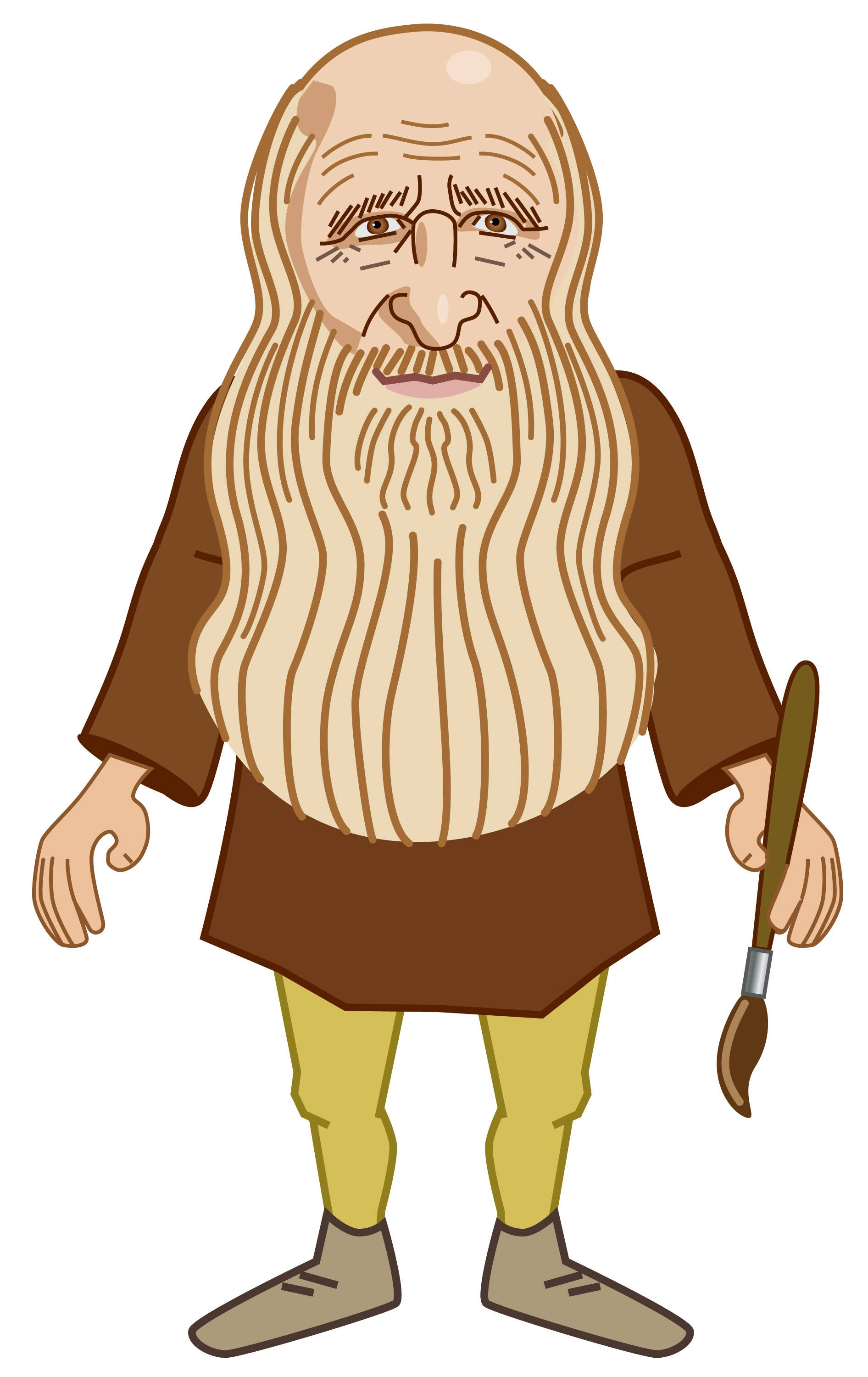 Leonardo Da Vinci 桌布 壁紙 — 李奧納多·達文西的卡通插圖，長鬍鬚，身穿棕色長袍，手持畫筆。