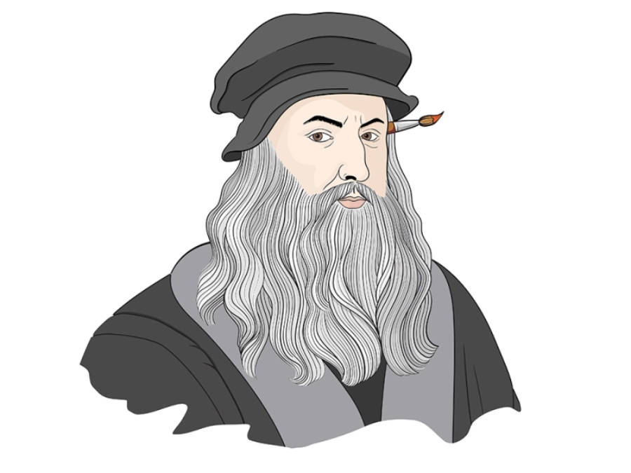 Leonardo Da Vinci 桌布 壁紙 — 李奧納多·達文西的插圖，長灰鬍鬚，戴貝雷帽，嘴裡叼著畫筆。
