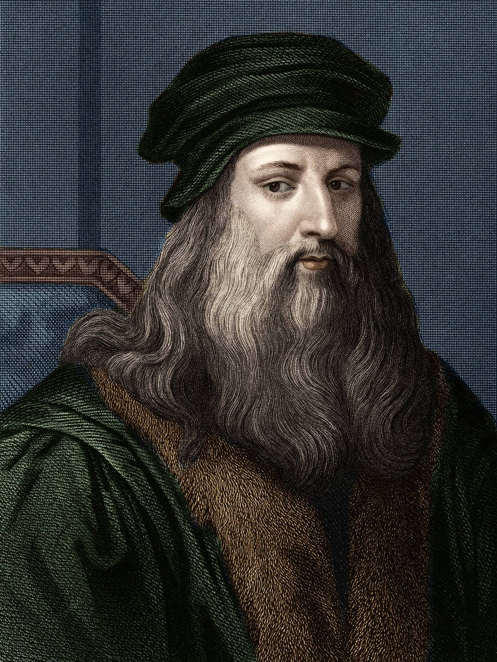 Leonardo Da Vinci 桌布 壁紙 — 李奧納多·達文西的肖像，留著長鬍鬚，戴著綠色帽子，背景為藍色紋理。