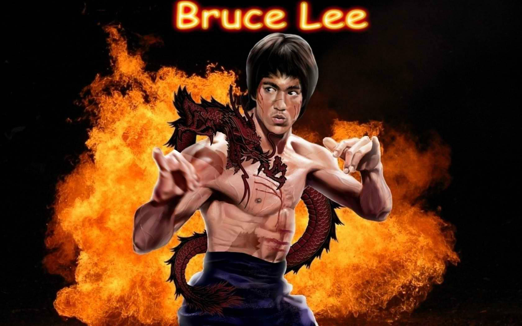 李小龍 桌布 壁紙 — 李小龍以動態武術姿勢呈現，身後有一條火龍在黑暗背景中盤旋。