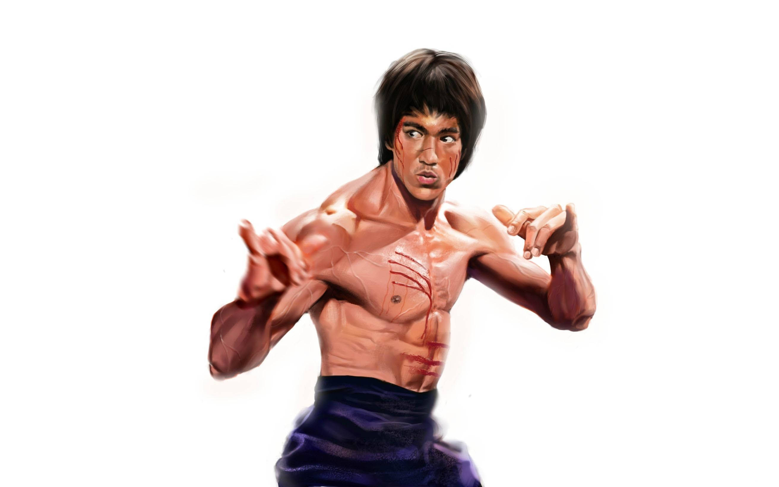 李小龍 桌布 壁紙 — 李小龍以動態武術姿勢展現強烈表情，胸前紋身清晰可見，背景為純白色。