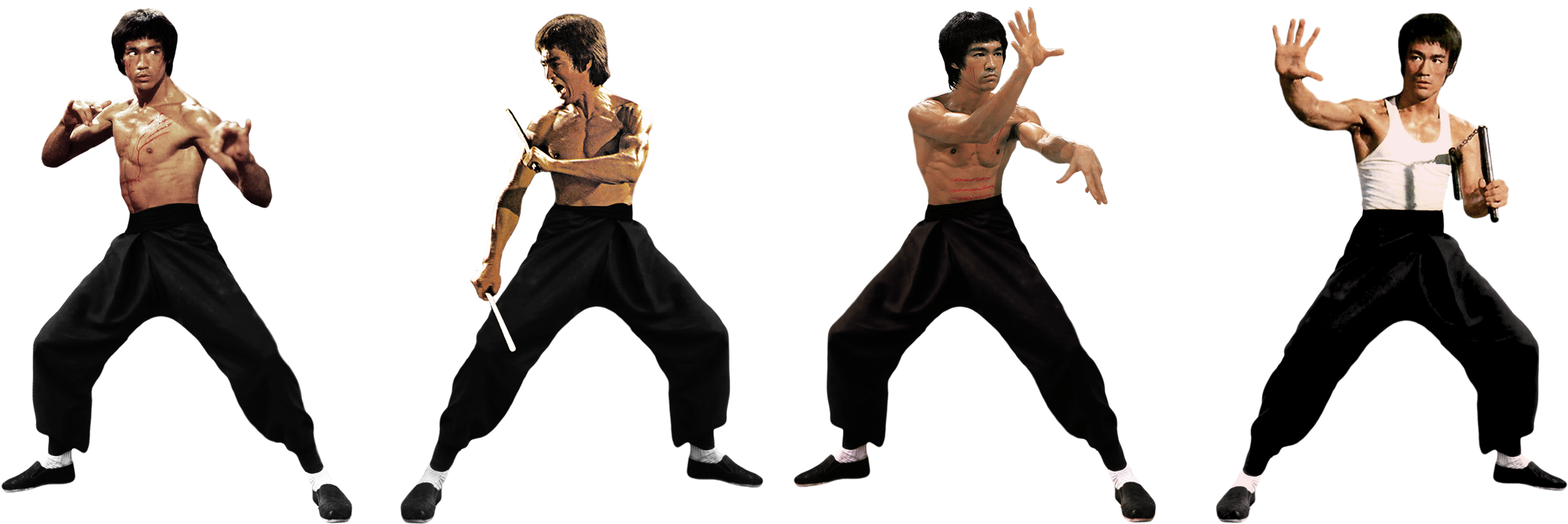 李小龍 桌布 壁紙 — 李小龍以四個動態武術姿勢呈現在黑色背景前，展示其標誌性戰鬥風格。