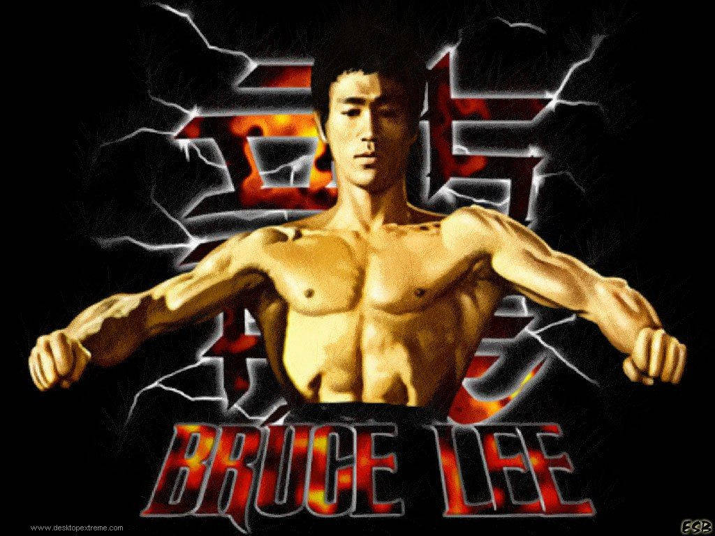 李小龍 桌布 壁紙 — 李小龍以強勁的武術姿勢站立，背景為黑暗，帶有火焰中文字和閃電效果。