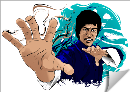 李小龍 桌布 壁紙 — 李小龍以武術姿勢呈現的動態卡通插圖，帶有風格化的動作線條和旋轉的青綠色背景。