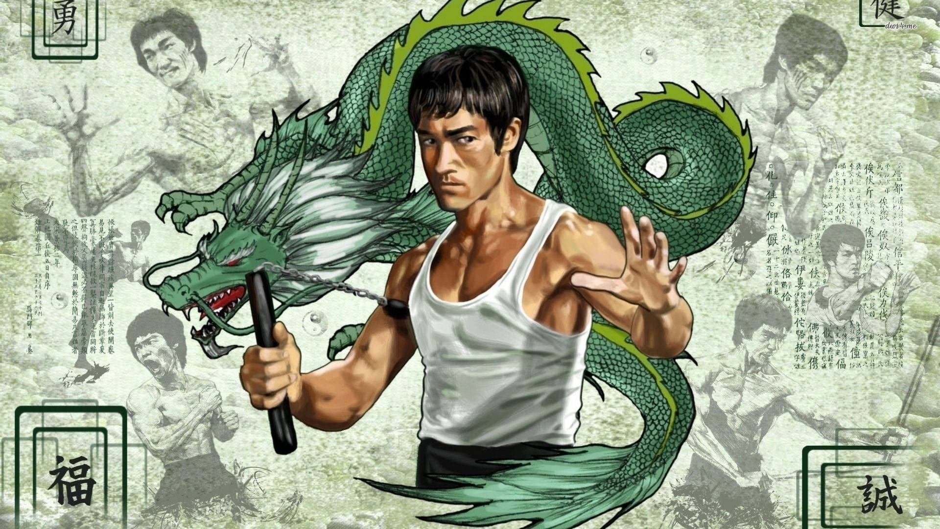 李小龍 桌布 壁紙 — 李小龍以武術姿勢站立，揮舞雙節棍，身後有一條青龍盤旋，背景是復古武術海報。