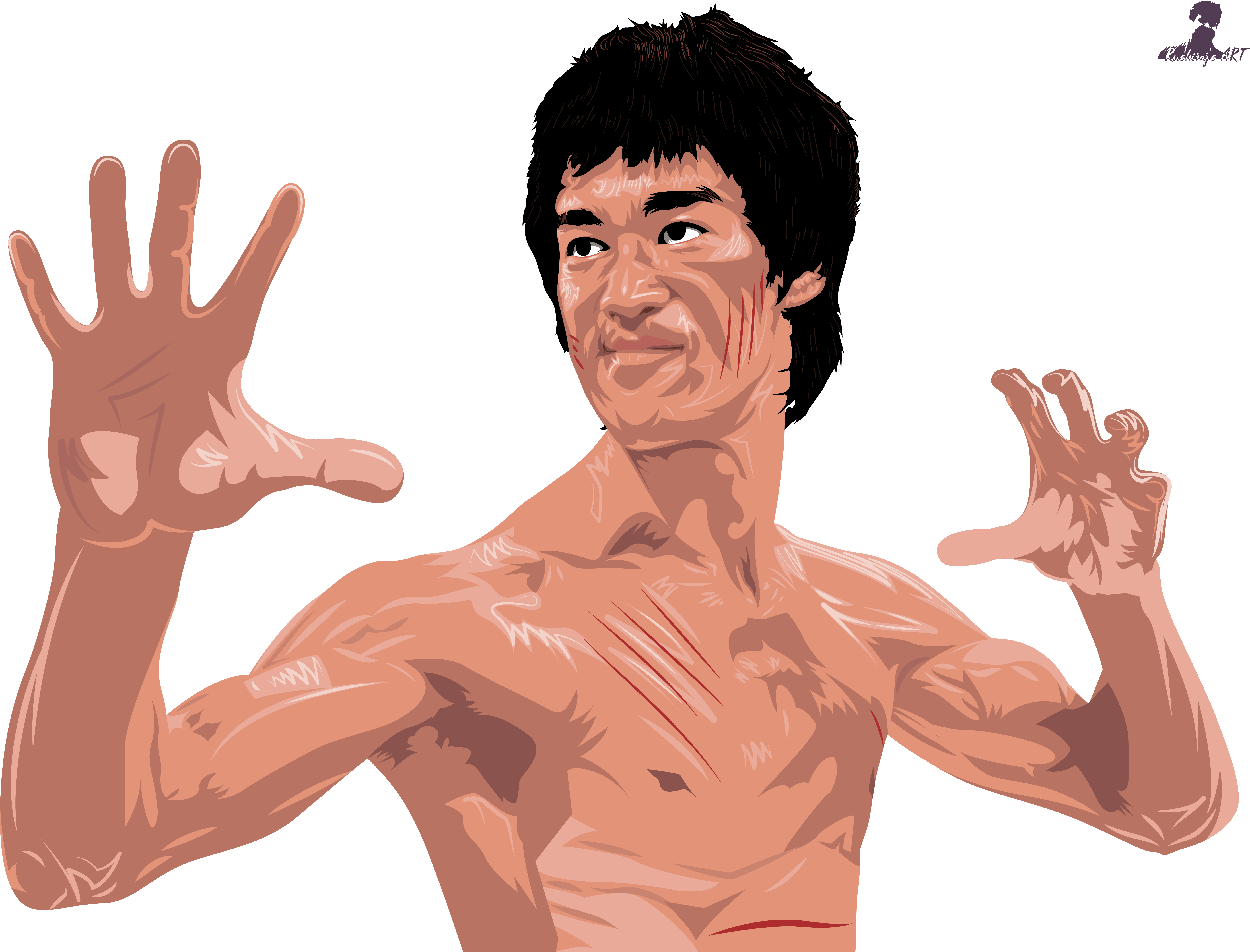 李小龍 桌布 壁紙 — 李小龍以肌肉發達的手臂和強烈的表情擺出動態武術姿勢的插圖。