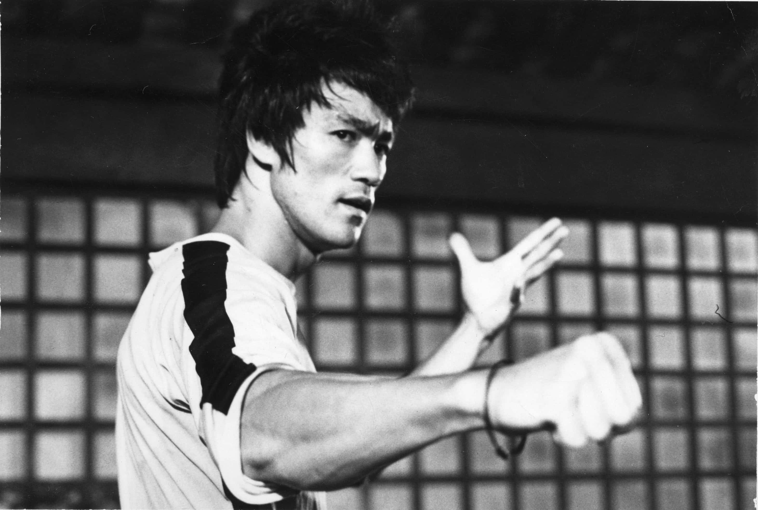 李小龍 桌布 壁紙 — 李小龍以高對比度黑白拍攝的動態武術姿勢，背景為網格圖案。