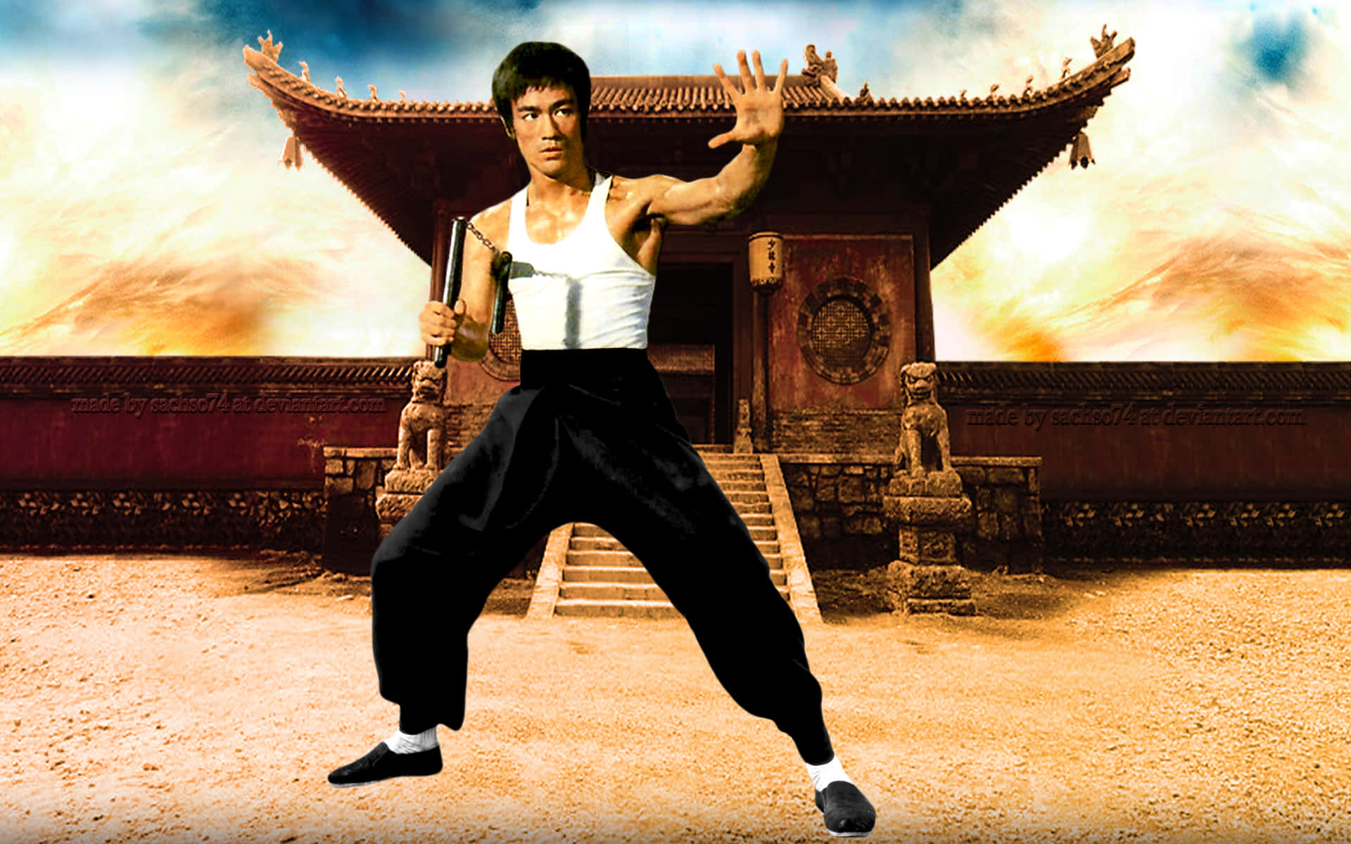 李小龍 桌布 壁紙 — 李小龍在日落時分，於傳統中國寺廟前以強勁武術姿勢手持雙節棍。