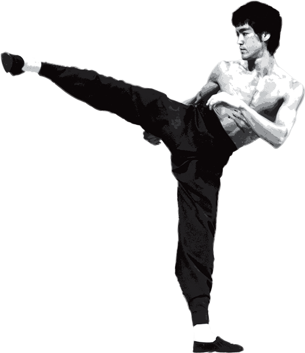 李小龍 桌布 壁紙 — 李小龍在透明背景上以清晰的黑白照片執行高踢腿。