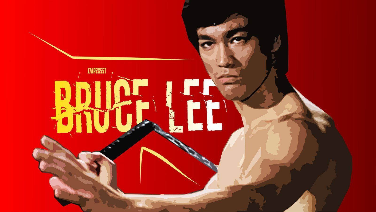 李小龍 桌布 壁紙 — 李小龍在鮮明的紅色背景上擺出動態武術姿勢，並配有風格化的黃色文字。