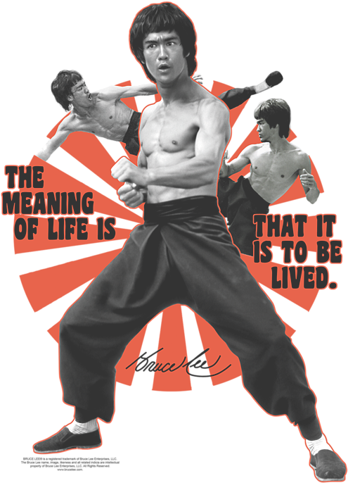 李小龍 桌布 壁紙 — 李小龍在鮮明的紅黑圖形背景上擺出動態武術姿勢，並附有他的名言。
