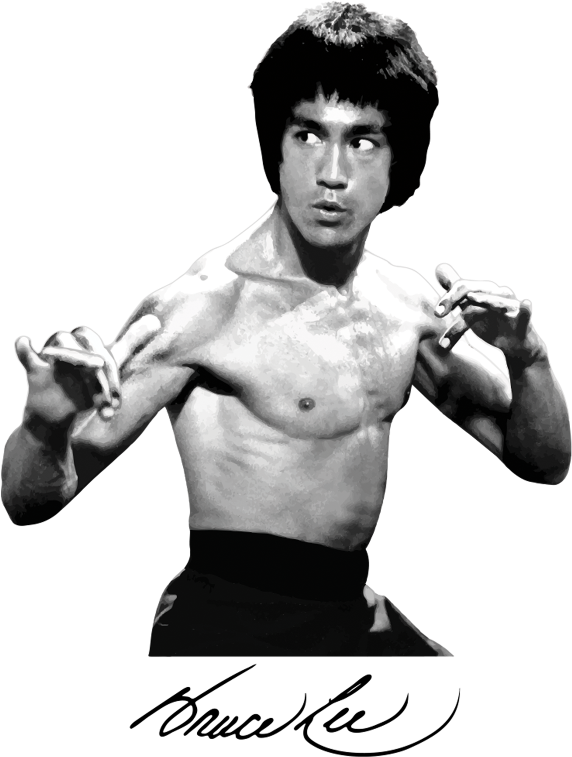 李小龍 桌布 壁紙 — 李小龍在黑色背景前擺出動態武術姿勢的高對比黑白照片。