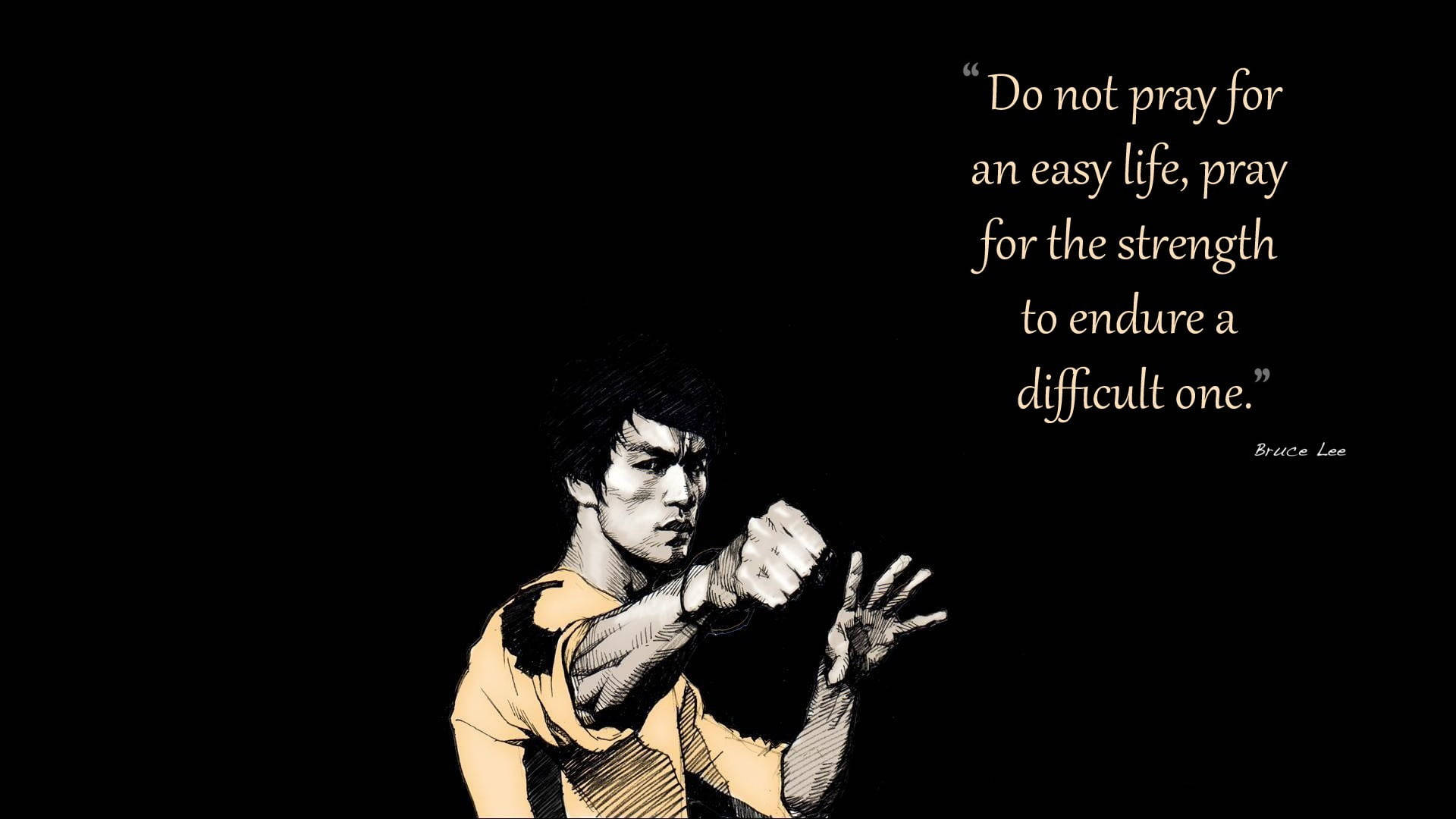 Inspirational Quotes 桌布 壁紙 — 李小龍在黑色背景前擺出動態武術姿勢，並附上他以優雅字體書寫的名言。