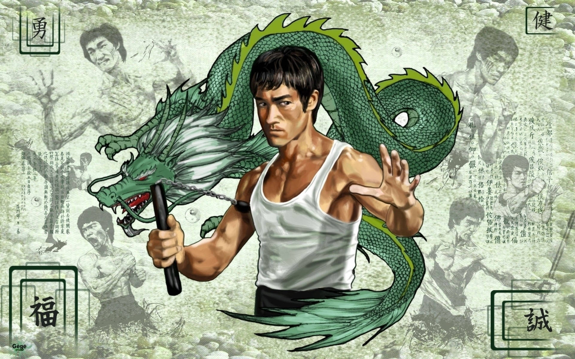 martial arts 桌布 壁紙 — 李小龍強而有力地站立，身後盤繞著一條綠色巨龍，手持雙節棍，背景為復古武術拼貼風格。