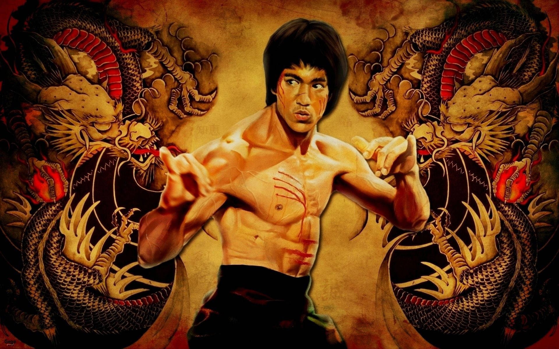 李小龍 桌布 壁紙 — 李小龍擺出戰鬥姿勢，兩側有兩條華麗的龍，背景是帶紋理的金色。