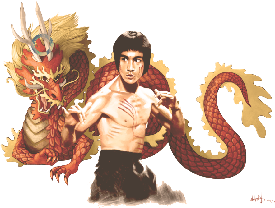 李小龍 桌布 壁紙 — 李小龍擺出武術姿勢，身後有一條火紅色的龍盤繞在黑色背景上。