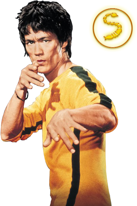 李小龍 桌布 壁紙 — 李小龍身穿標誌性的黃黑武術服，在黑色背景上擺出強有力的姿勢，帶有黃色蠍子標誌。
