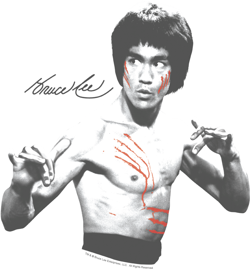 李小龍 桌布 壁紙 — 李小龍黑白照片，臉上和軀幹上有紅色斜線標記，擺出武術姿勢。