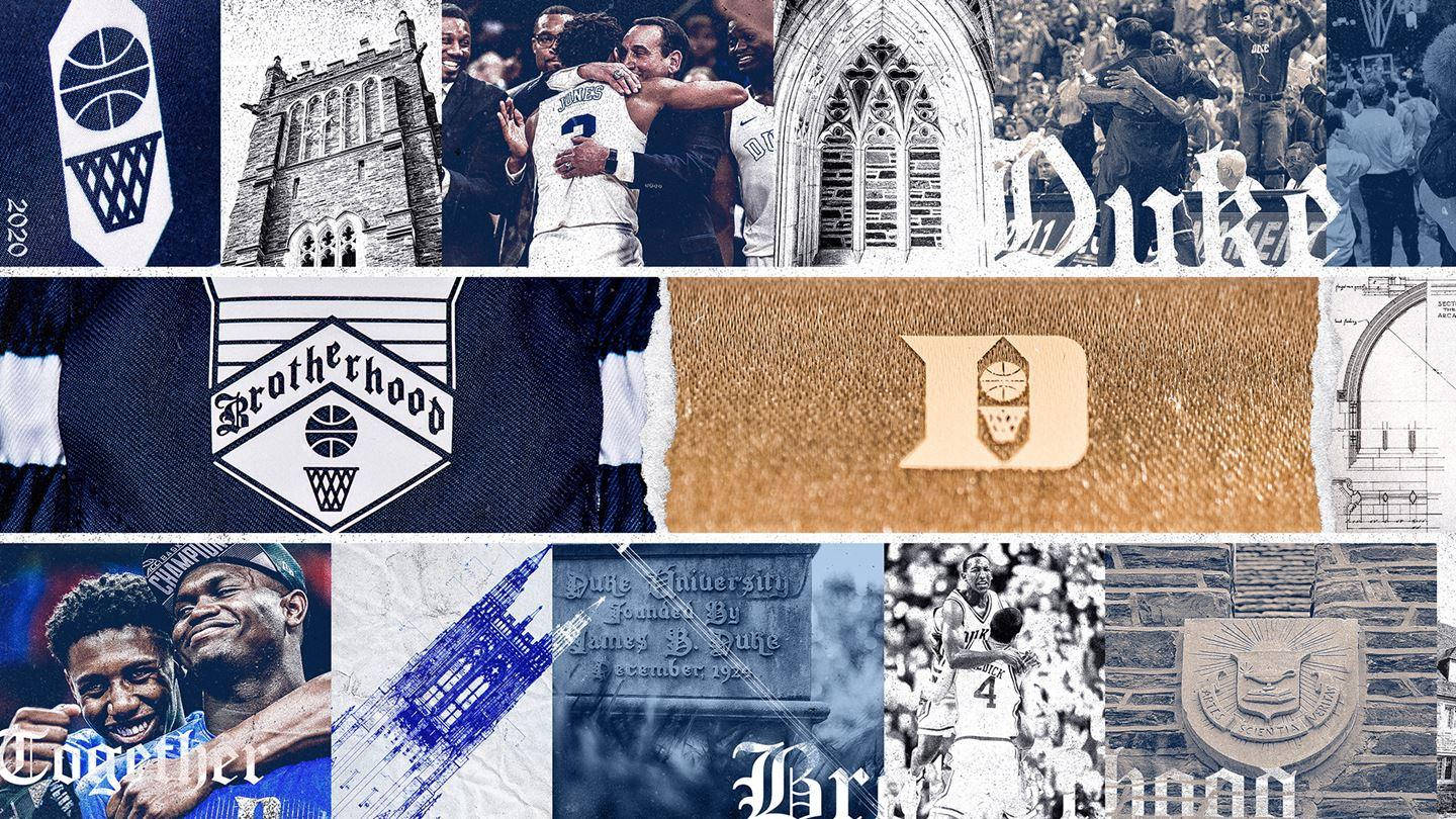 Duke Blue Devils 桌布 壁紙 — 杜克大學籃球時刻的拼貼畫，包含球員擁抱、球隊標誌、歷史建築以及單色和紋理色調的復古照片。