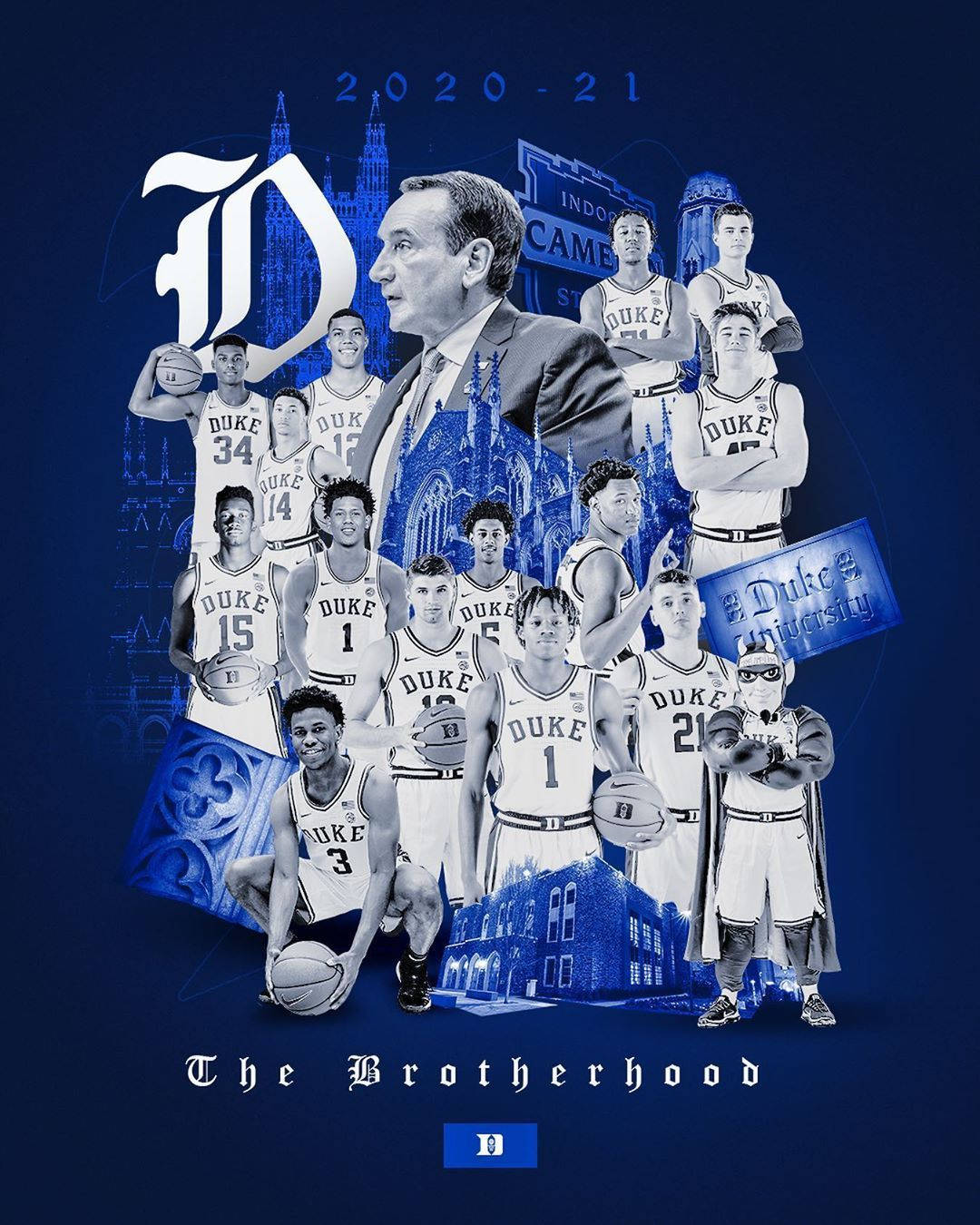 Duke Blue Devils 桌布 壁紙 — 杜克大學籃球運動員和教練的藍色調拼貼畫，帶有球隊品牌和校園圖像。
