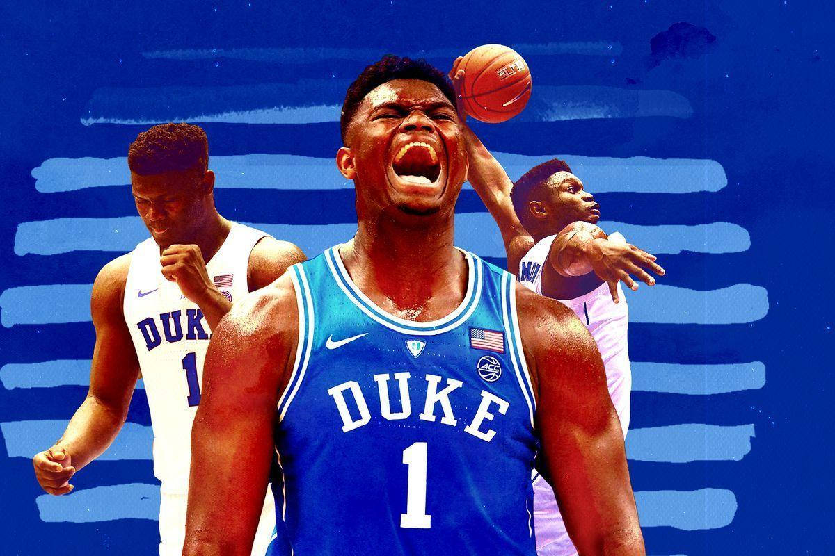 Zion 桌布 壁紙 — 杜克大學籃球運動員在準備投籃時發出強烈的咆哮，隊友們在動態藍色圖形背景中簇擁著他。