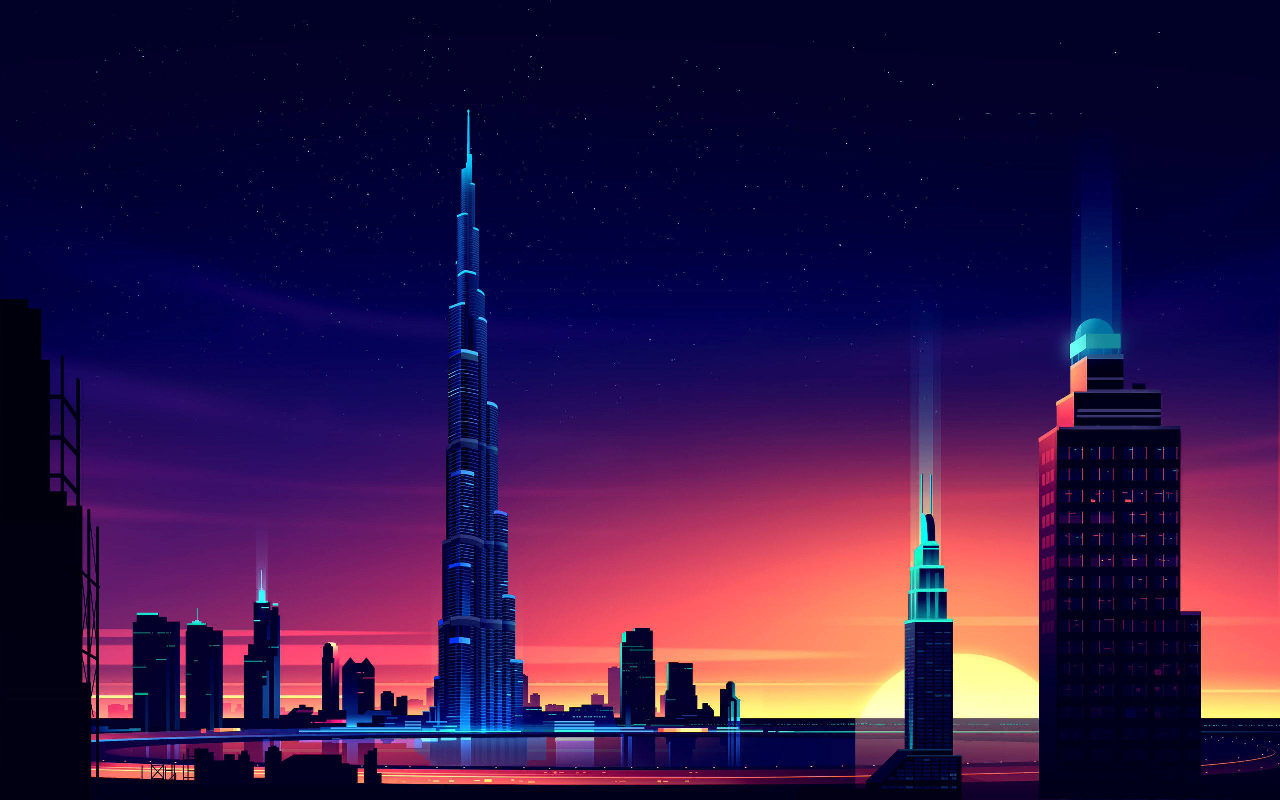 Retrowave 桌布 壁紙 — 杜拜天際線在日落時被霓虹燈照亮，哈里發塔在紫色和橙色漸變的天空中發出藍色光芒。